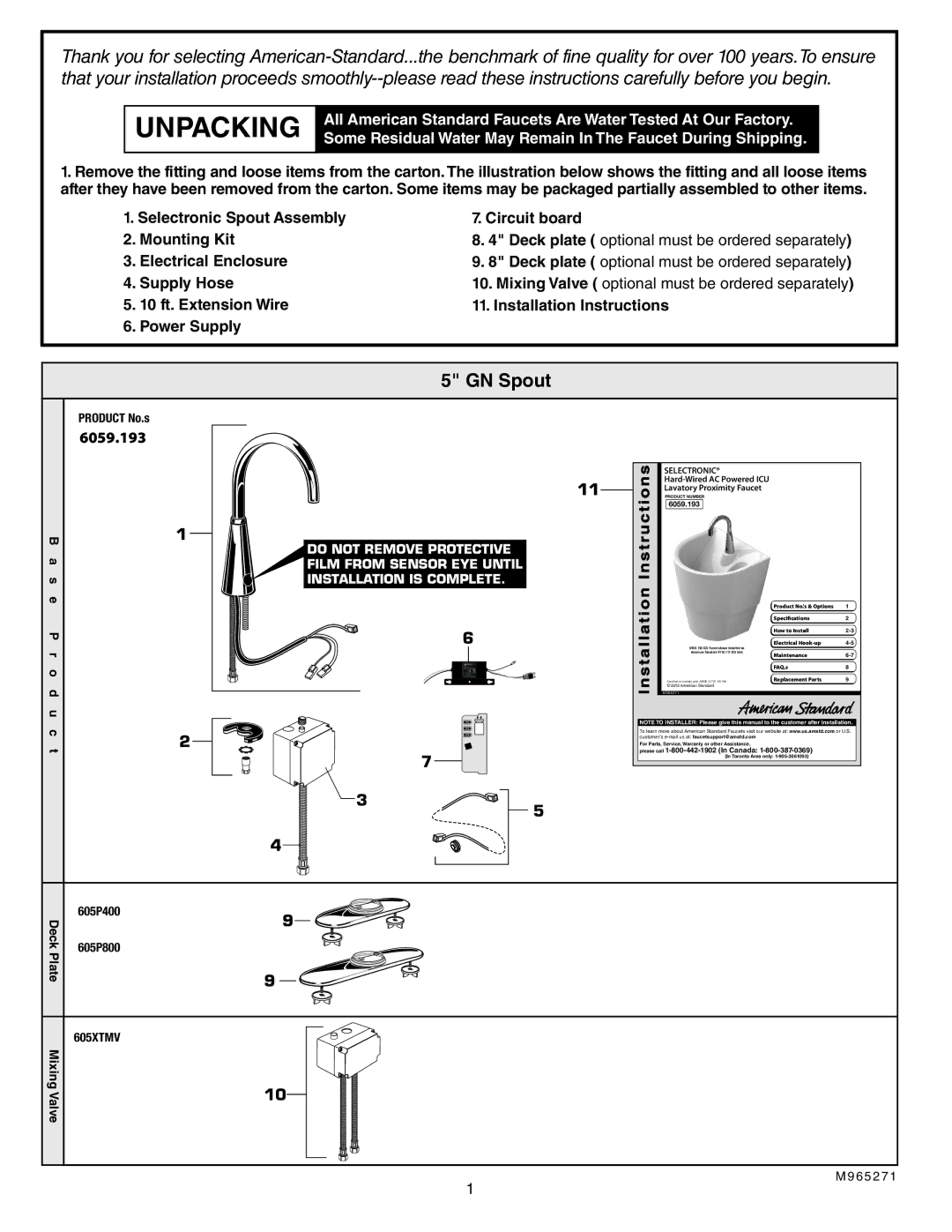 American Standard 6059.193 installation instructions Unpacking, GN Spout 