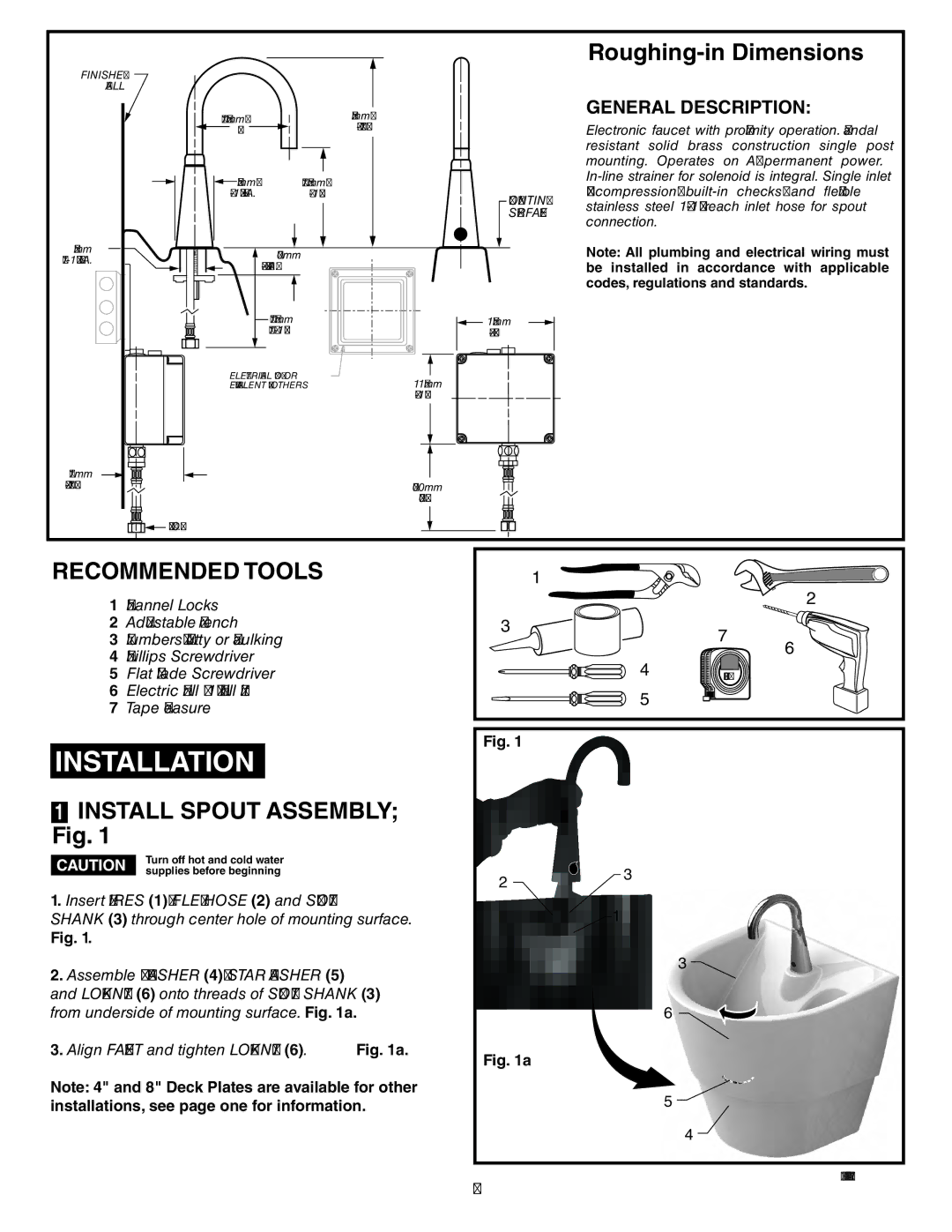 American Standard 6059.193 Installation, Roughing-in Dimensions, Recommended Tools, Install Spout Assembly Fig 