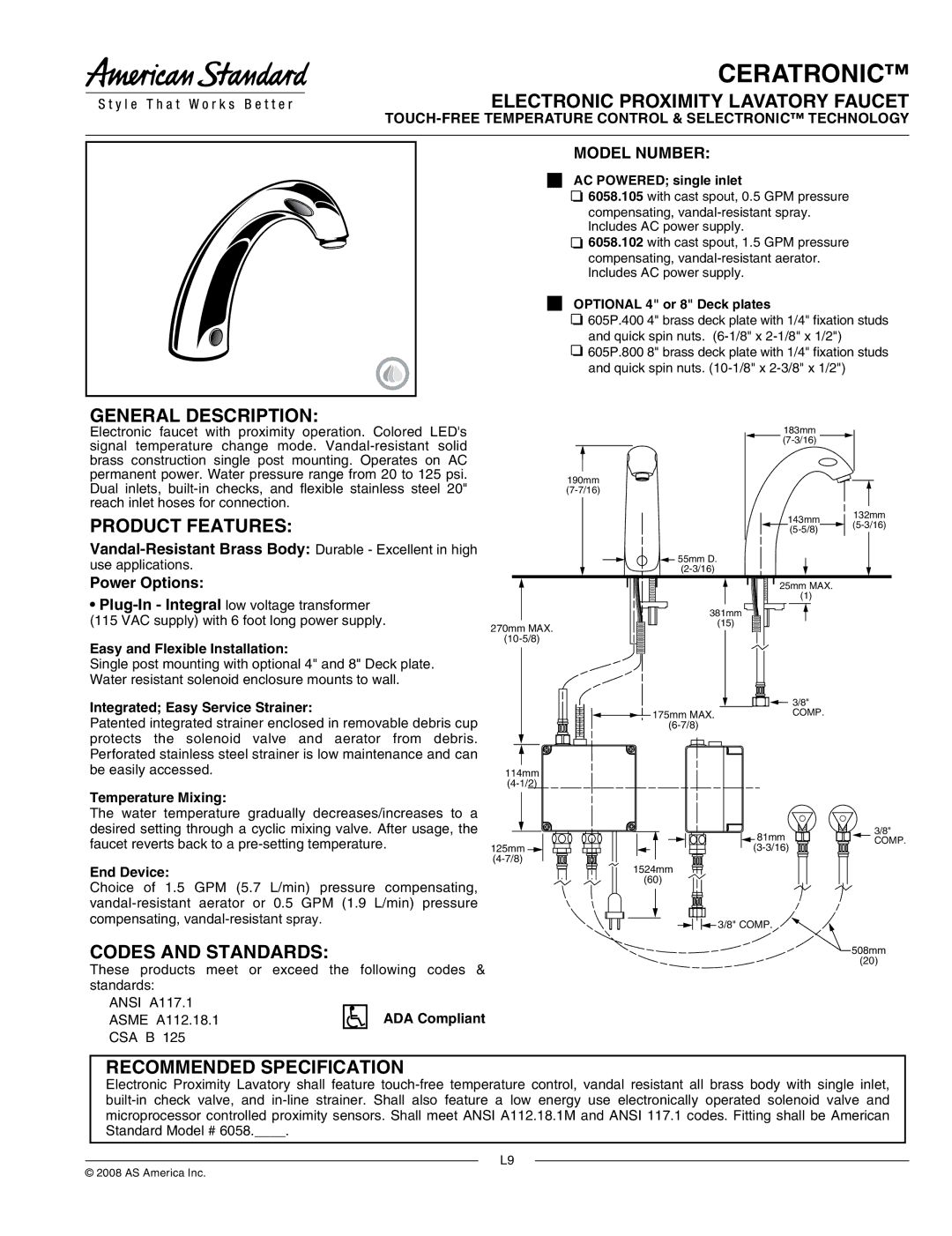 American Standard 6058.105, 605P.800 manual Electronic Proximity Lavatory Faucet, General Description, Product Features 