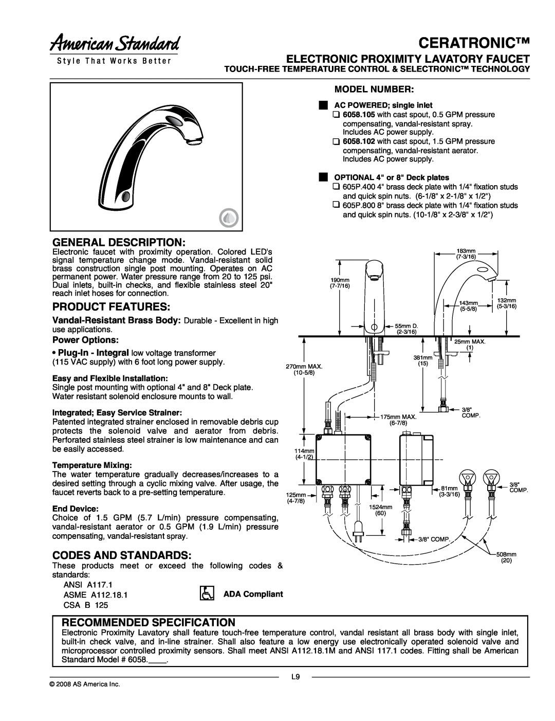 American Standard 6058.102 installation instructions Proximity Faucet with Touch-Free, Temperature Control, 6058.105 