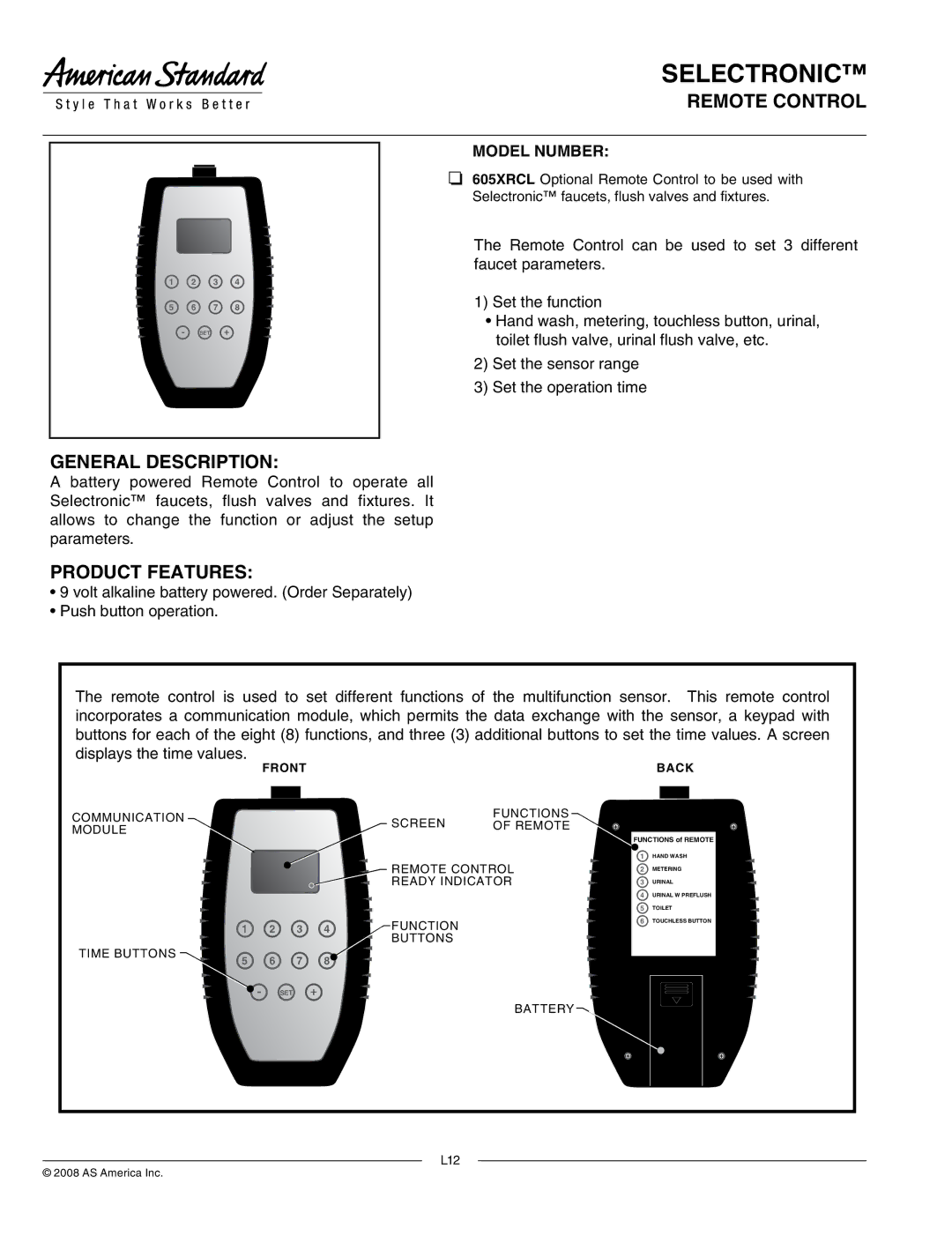 American Standard 605XRCL manual Selectronic, Remote Control, General Description, Product Features, Model Number 