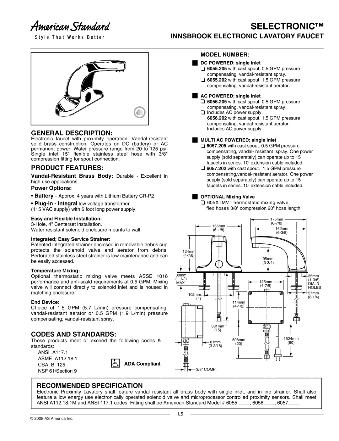 American Standard 605XTMV manual Innsbrook Electronic Lavatory Faucet General Description, Product Features 