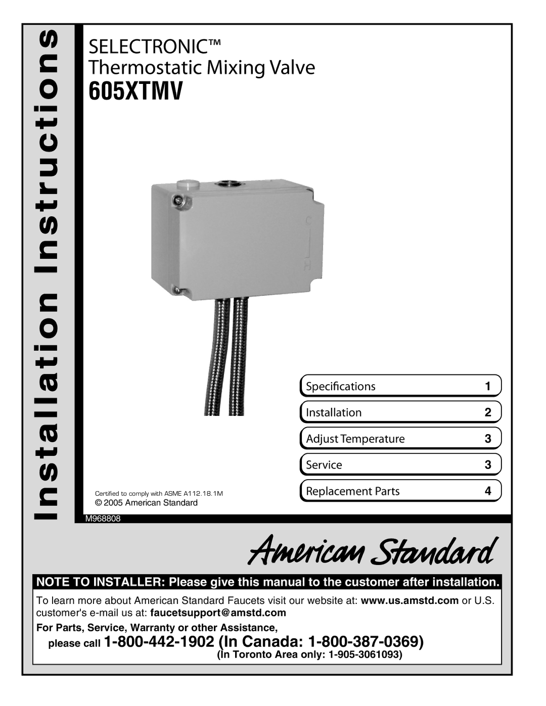 American Standard 605XTMV installation instructions Installation Instructions 