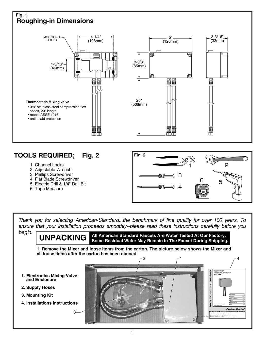 American Standard 605XTMV installation instructions Unpacking, Roughing-in Dimensions, Tools Required Fig 