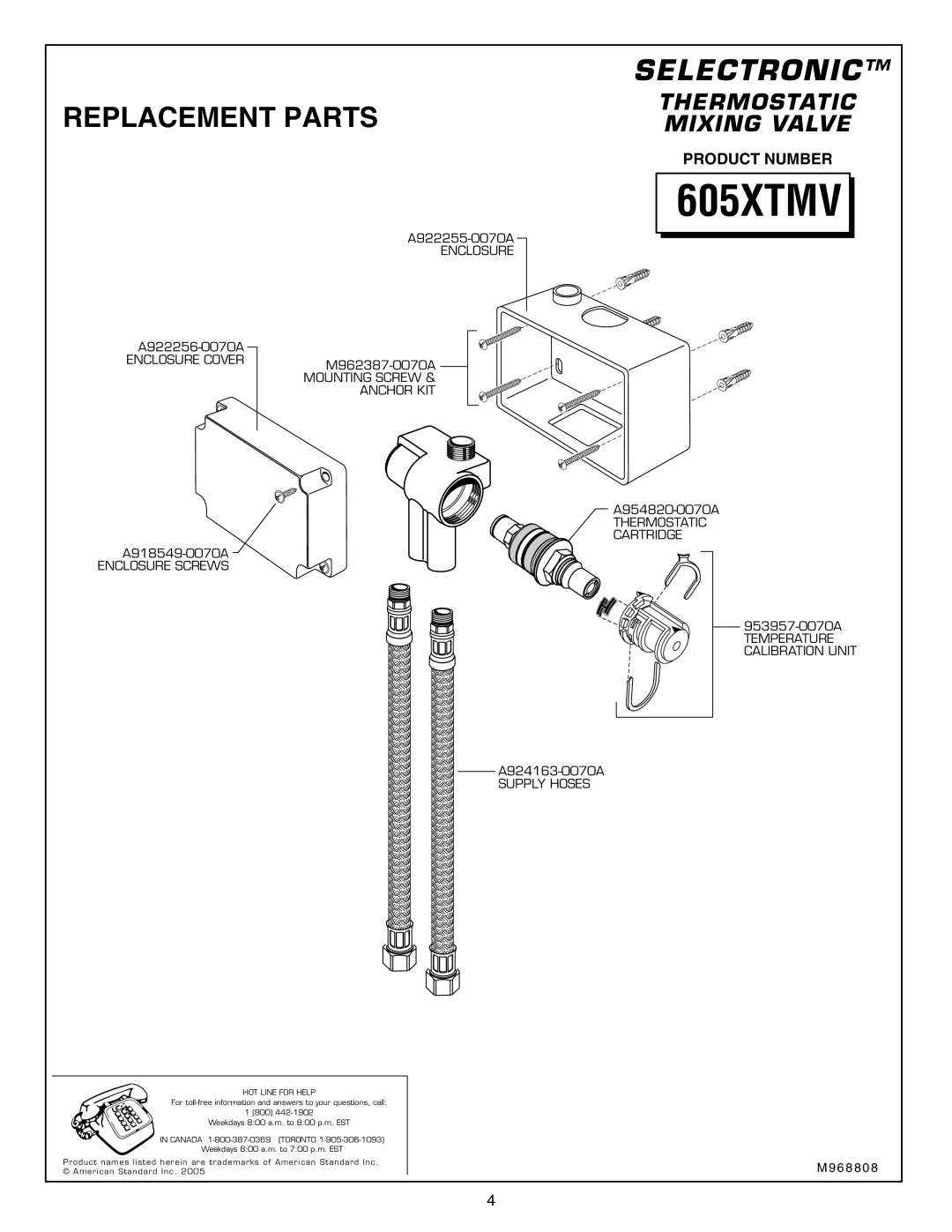 American Standard 605XTMV installation instructions Selectronic, Replacement Parts 