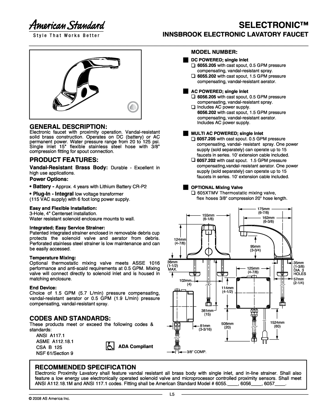 American Standard 605XTMV manual Selectronic, Innsbrook Electronic Lavatory Faucet, General Description, Product Features 