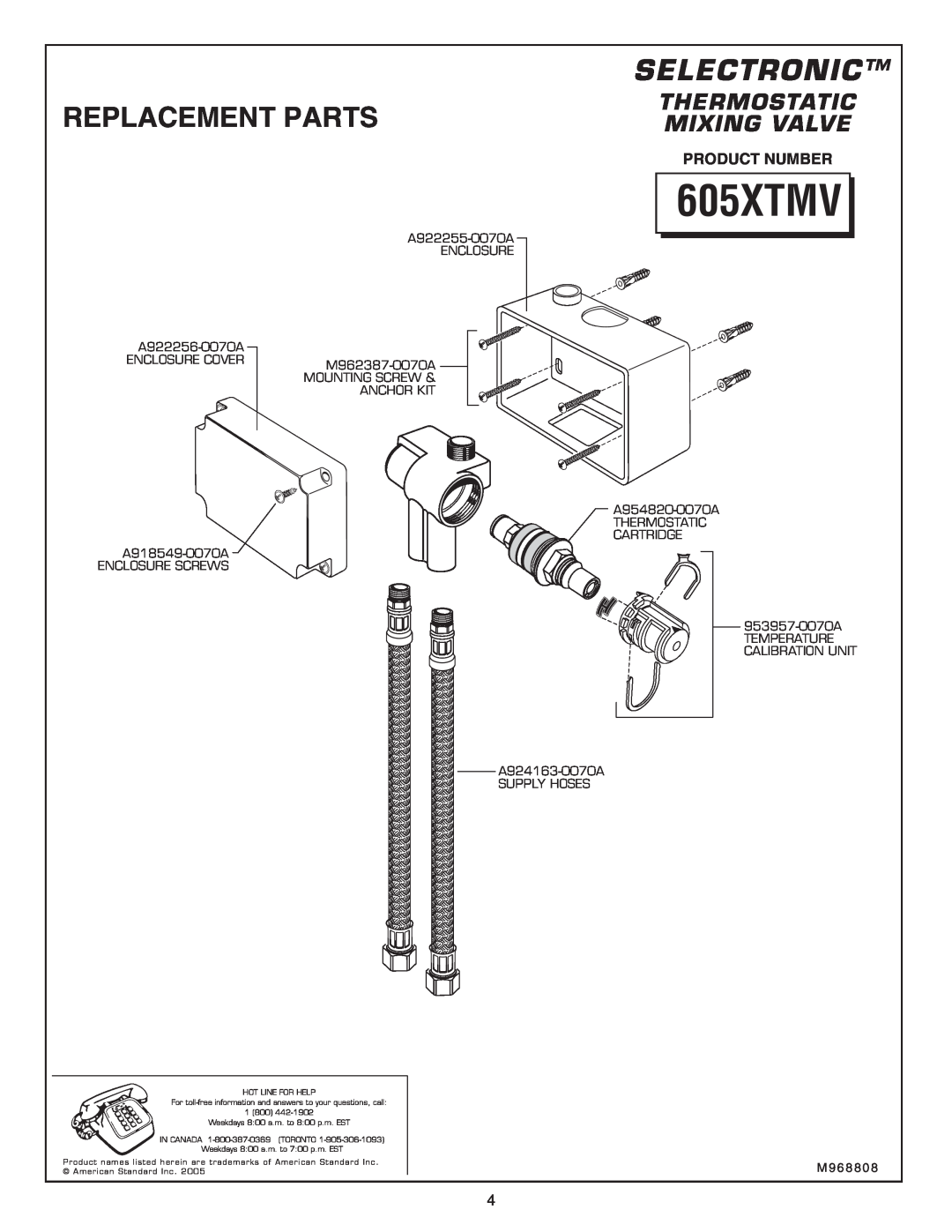 American Standard 605XTMV installation instructions Replacement Parts, Selectronic, Thermostatic Mixing Valve 