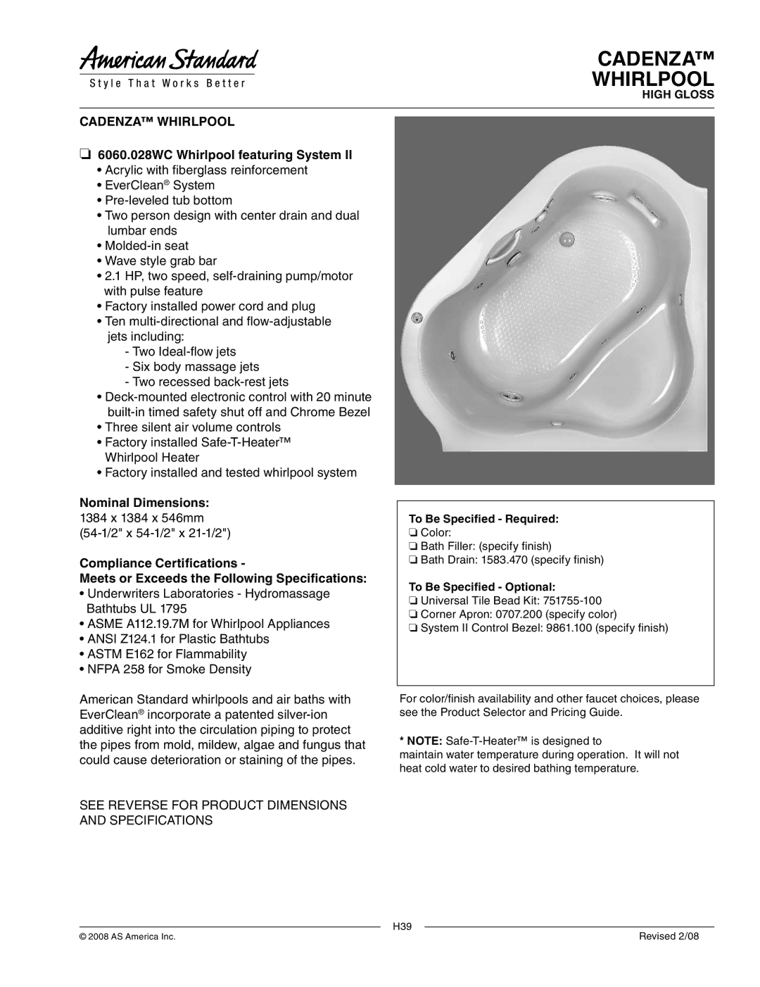 American Standard 6060.028WC dimensions Cadenza Whirlpool 