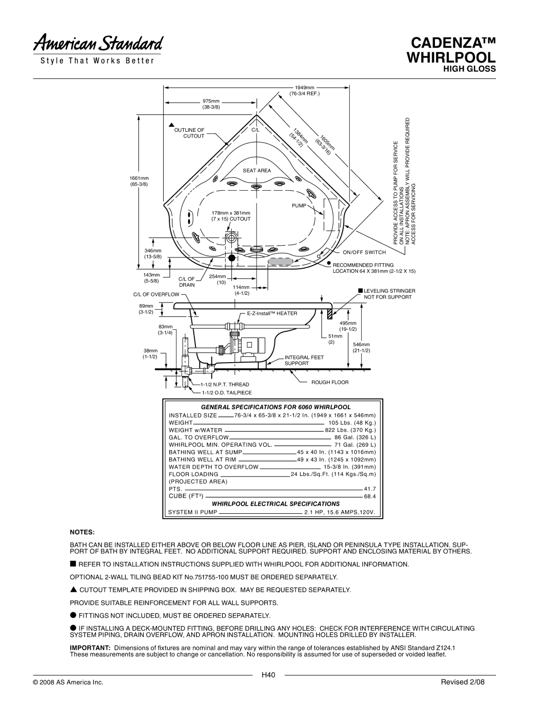 American Standard 6060.028WC dimensions Whirlpool Electrical Specifications, General Specifications for 6060 Whirlpool 