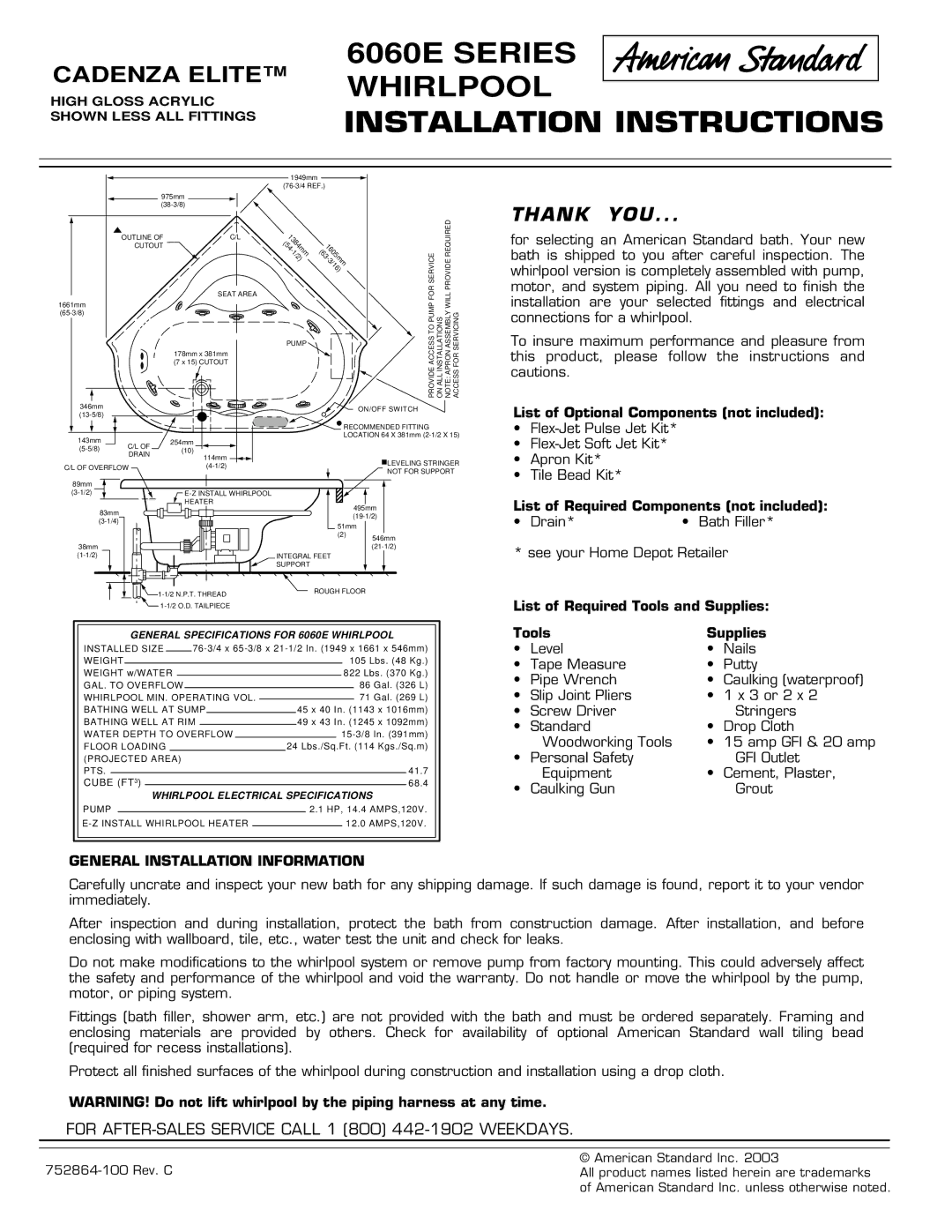 American Standard 6060E SERIES installation instructions 6060E Series Whirlpool Installation Instructions 