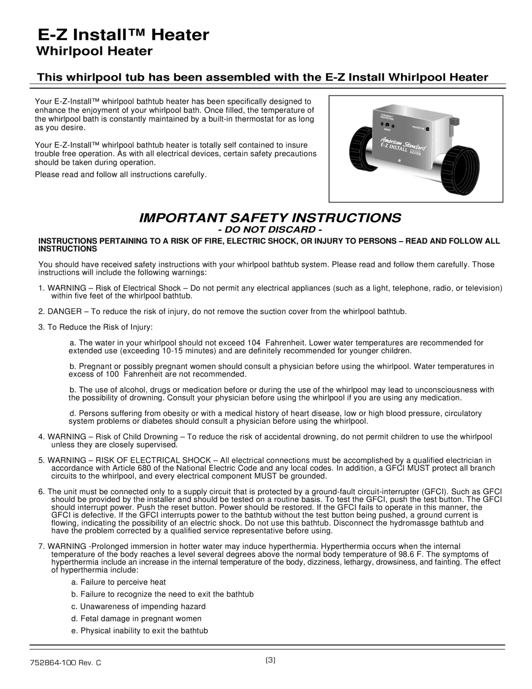 American Standard 6060E SERIES installation instructions Install Heater, Important Safety Instructions 