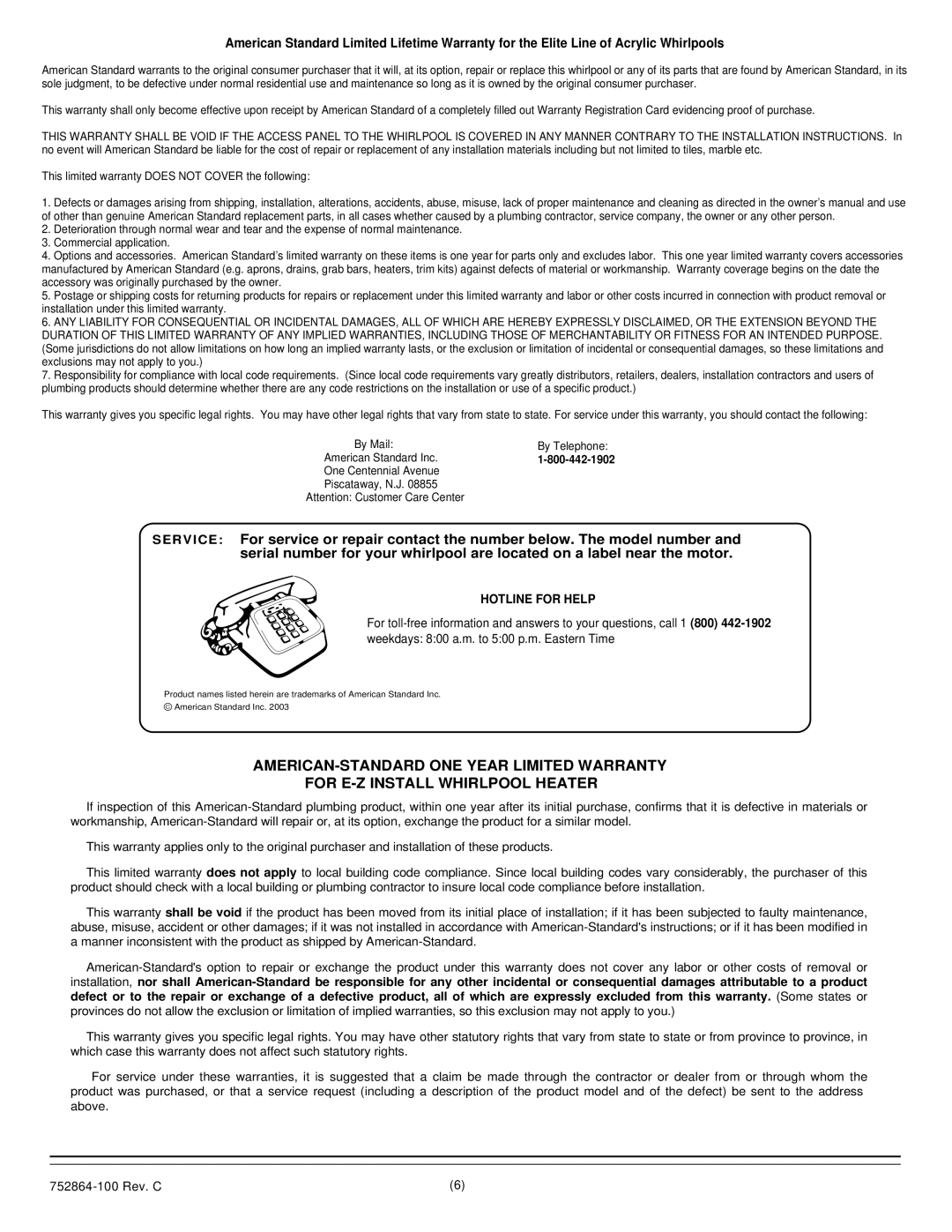 American Standard 6060E SERIES installation instructions Hotline for Help 