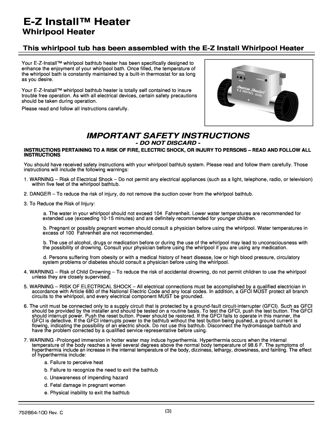 American Standard 6060E SERIES E-Z Install Heater, Whirlpool Heater, Important Safety Instructions, Do Not Discard 
