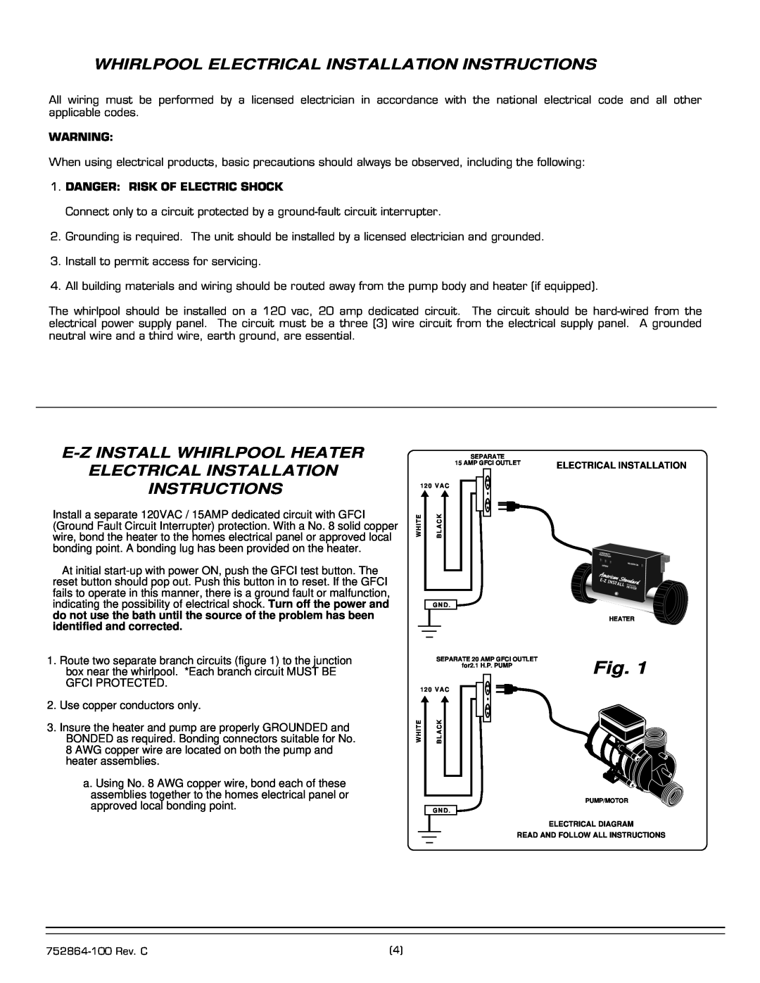 American Standard 6060E SERIES Whirlpool Electrical Installation Instructions, Danger Risk Of Electric Shock 