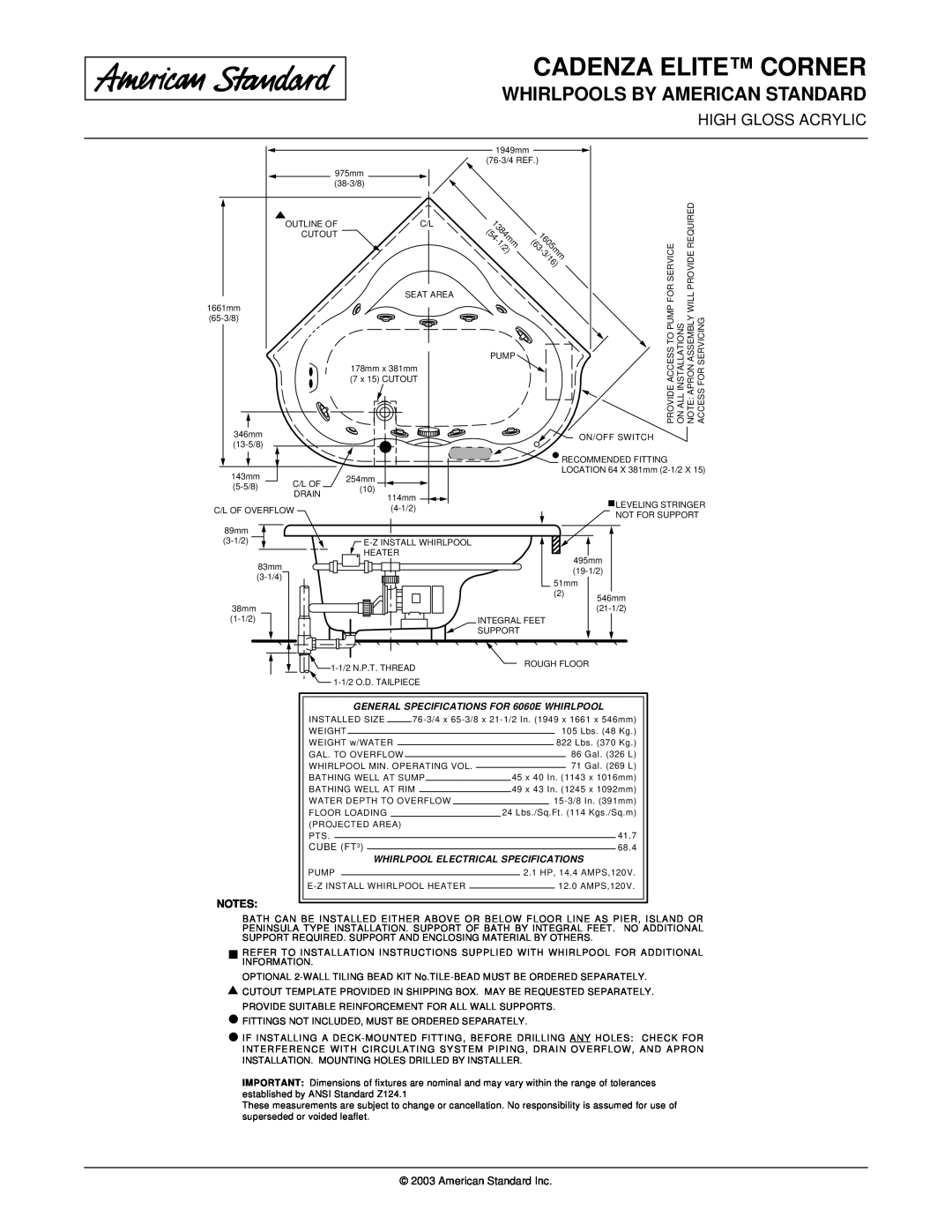 American Standard 6060EC dimensions Cadenza Elite Corner, Whirlpools By American Standard, 3/16, American Standard Inc 