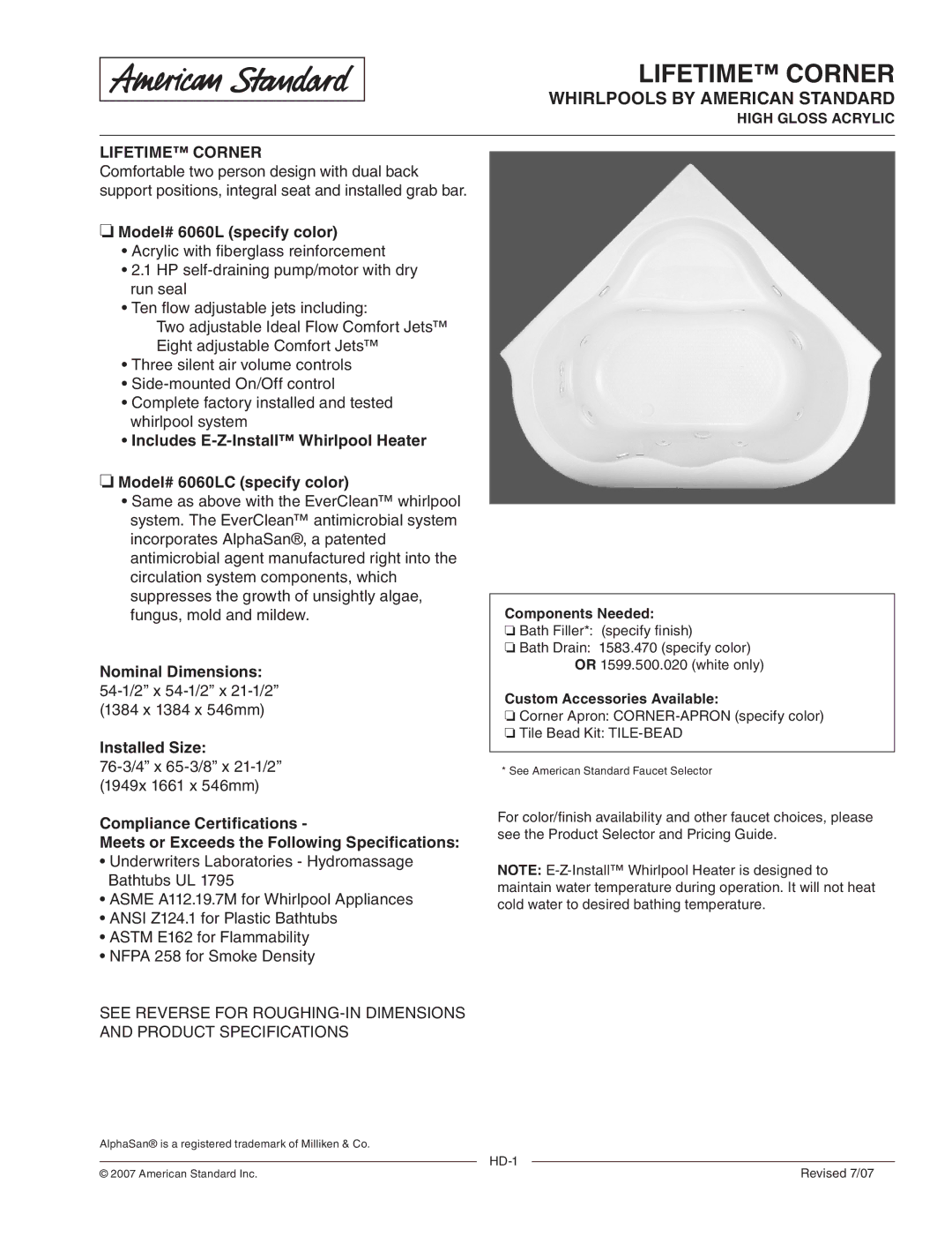 American Standard 6060LC dimensions Lifetime Corner, Whirlpools by American Standard, Model# 6060L specify color 