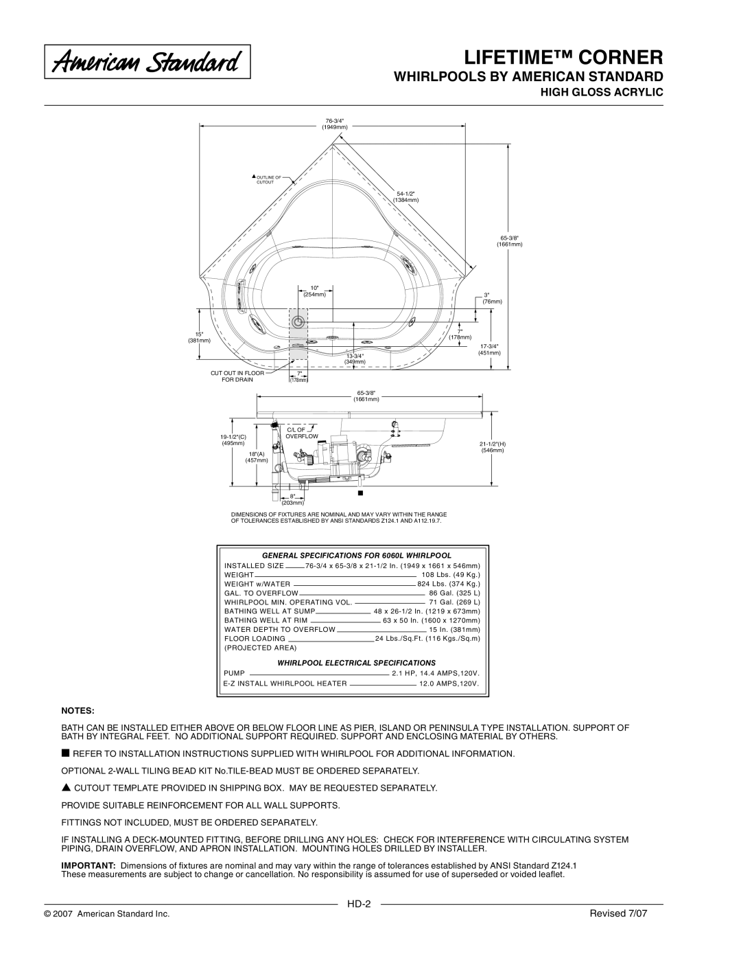 American Standard 6060LC General Specifications for 6060L Whirlpool, Whirlpool Electrical Specifications, Overflow 