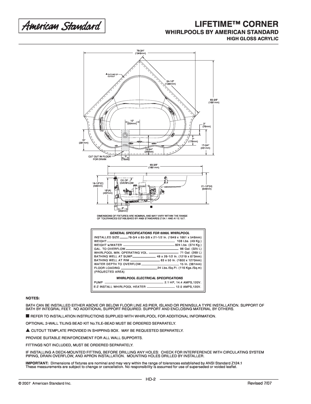 American Standard 6060LC Lifetime Corner, Whirlpools By American Standard, High Gloss Acrylic, HD-2, Revised 7/07 
