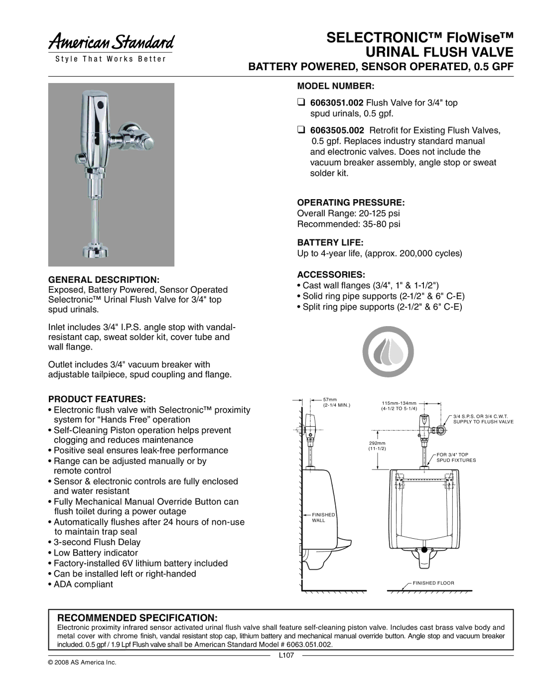 American Standard 6063505.002 manual Selectronic FloWise, Urinal Flush Valve, Battery POWERED, Sensor OPERATED, 0.5 GPF 