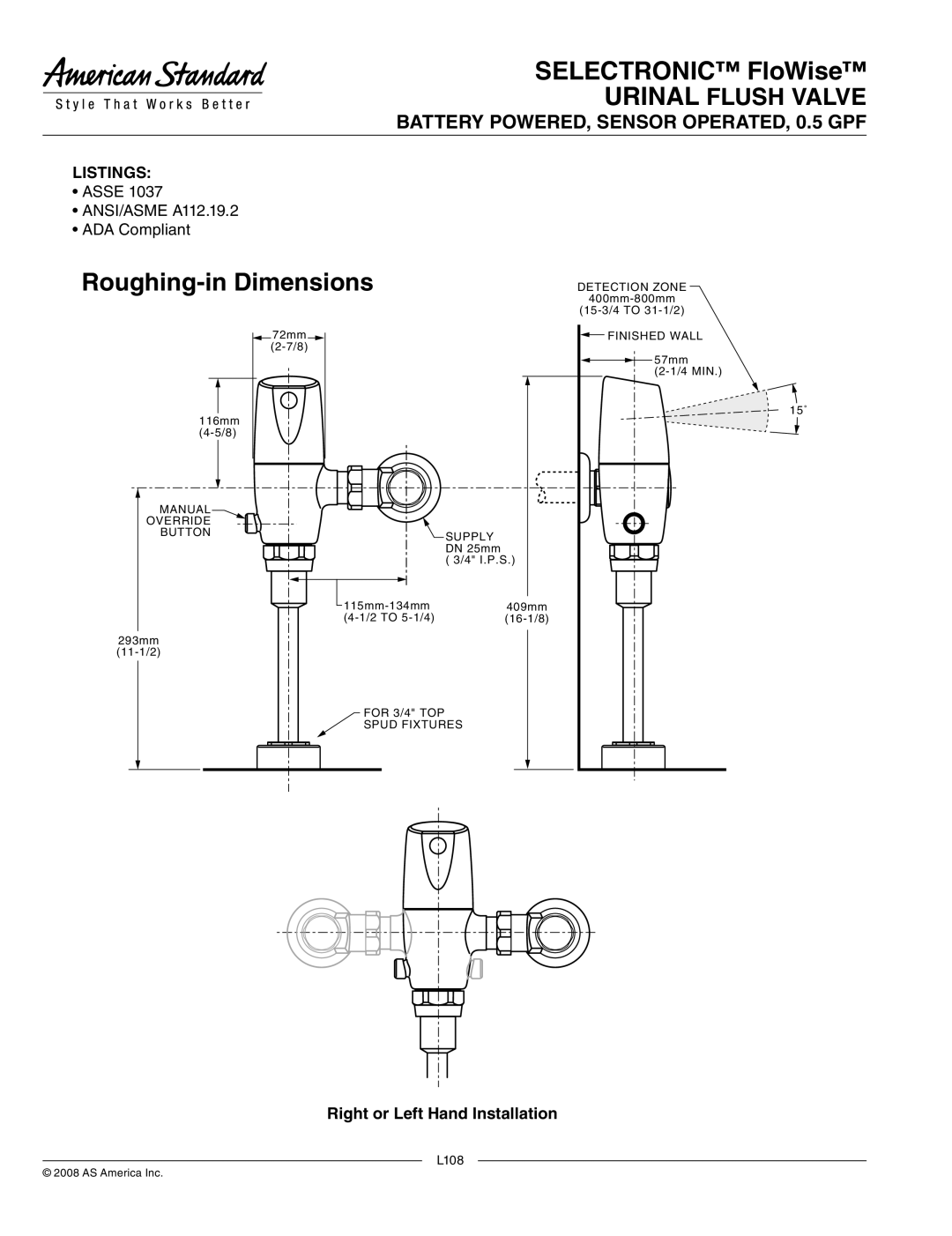 American Standard 6063051.002, 6063505.002 Roughing-in Dimensions, Battery POWERED, Sensor OPERATED, 0.5 GPF, Listings 