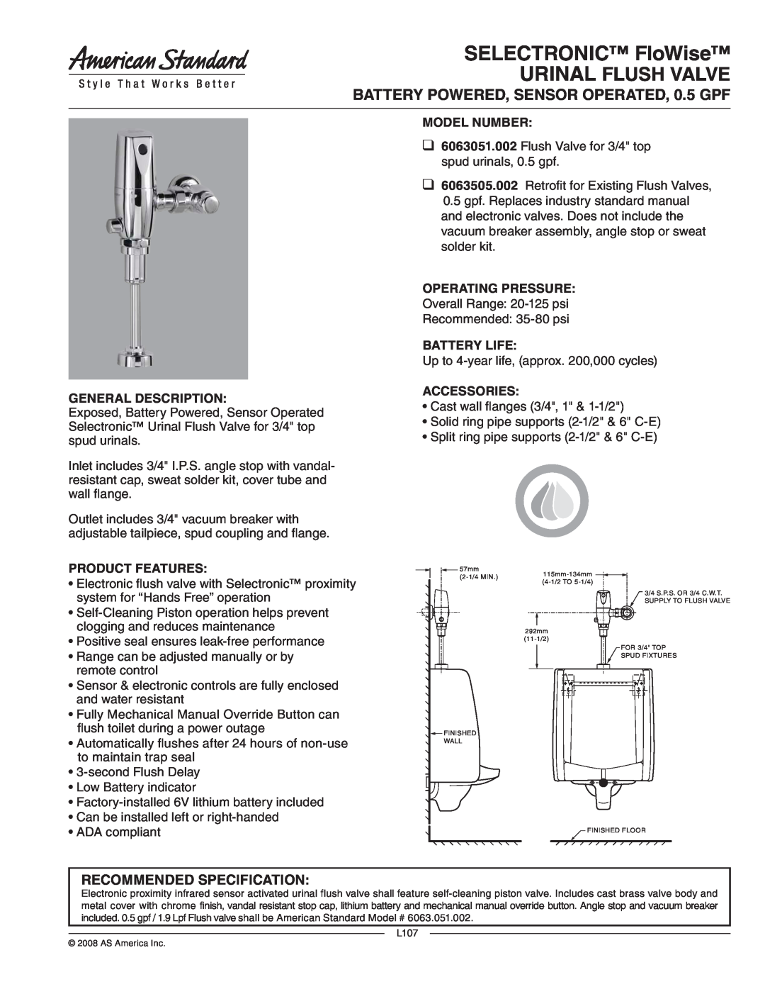 American Standard 6063505.002 manual SELECTRONIC FloWise, Urinal Flush Valve, Recommended Specification, Product Features 