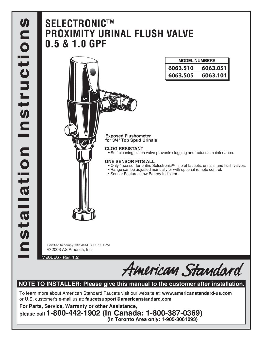 American Standard 6063.051, 6063.505 installation instructions Selectronic Proximity Urinal Flush Valve 0.5 & 1.0 GPF 