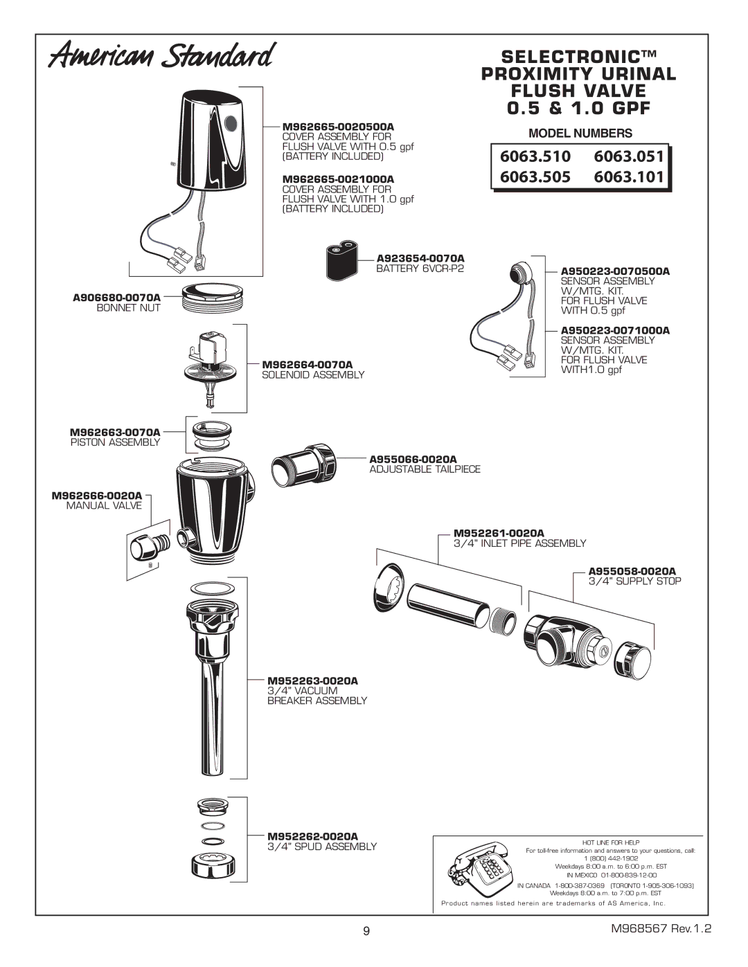 American Standard 6063.510, 6063.505, 6063.051, 6063.101 Selectronic Proximity Urinal Flush Valve, 1.0 GPF 