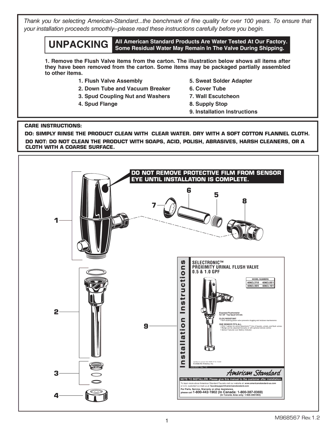 American Standard 6063.510, 6063.505, 6063.051, 6063.101 Instructions, Selectronic Proximity Urinal Flush Valve 