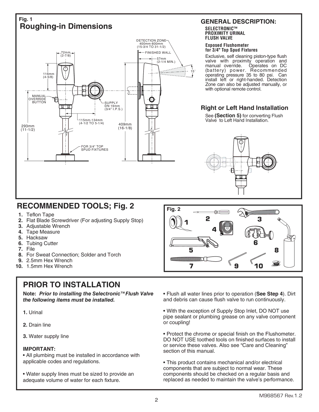 American Standard 6063.101, 6063.505, 6063.051, 6063.510 Roughing-in Dimensions, Recommended Tools Fig 