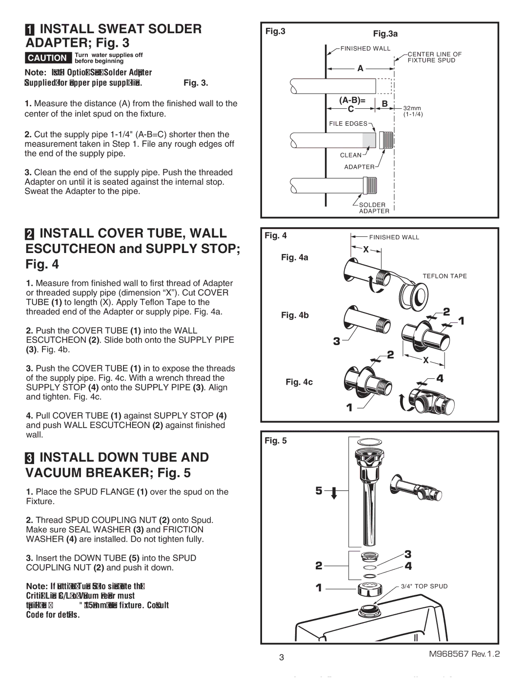 American Standard 6063.505, 6063.051, 6063.510, 6063.101 Install Sweat Solder Adapter Fig, Escutcheon and Supply Stop Fig 