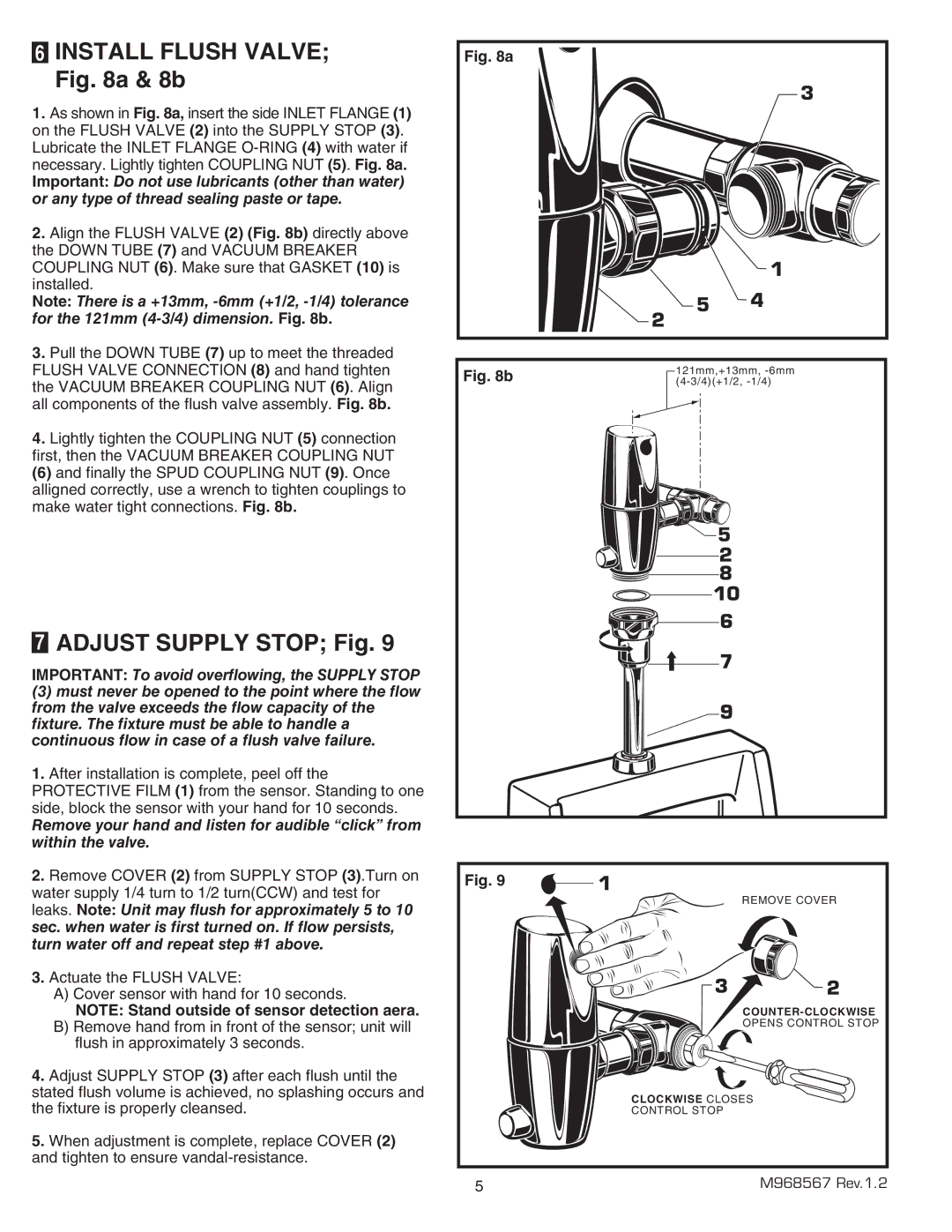 American Standard 6063.510, 6063.505, 6063.051, 6063.101 Install Flush Valve a & 8b, Adjust Supply Stop Fig 