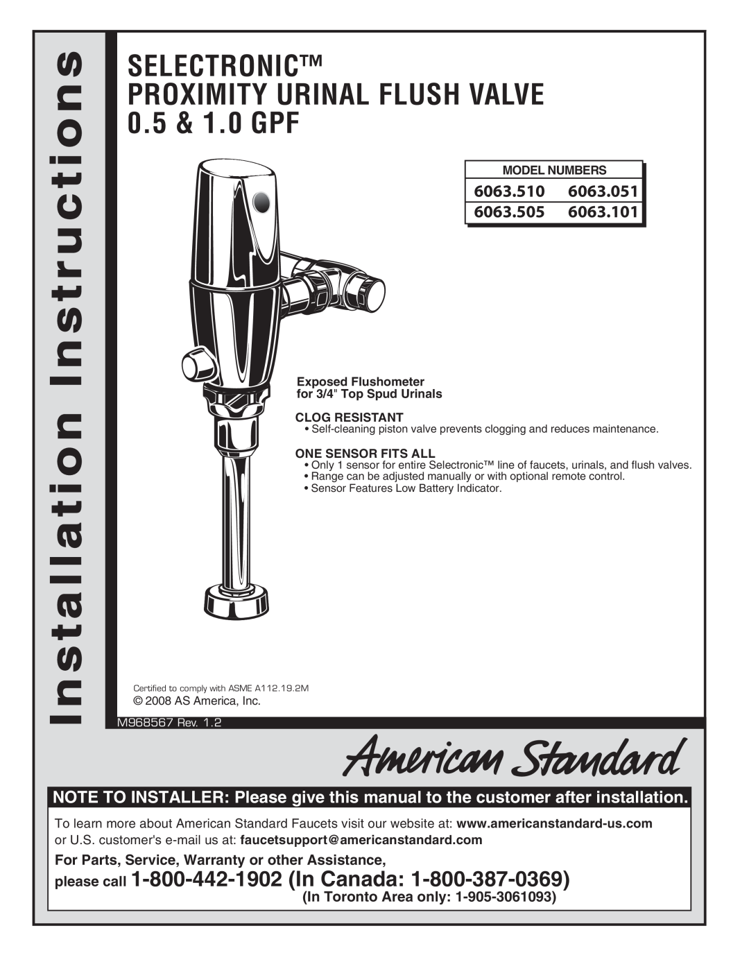 American Standard 6063.051, 6063.505 installation instructions 6063.510, For Parts, Service, Warranty or other Assistance 