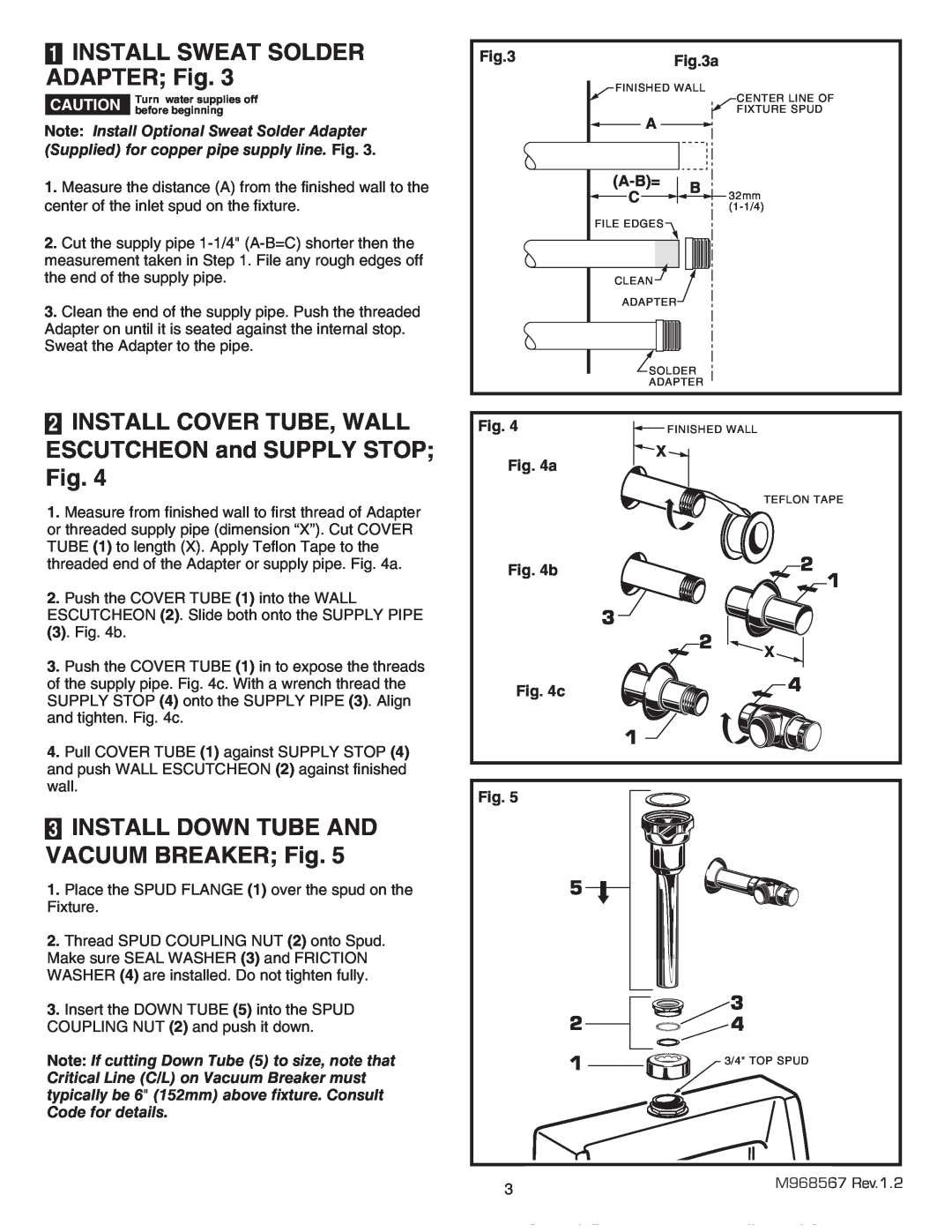 American Standard 6063.505 1INSTALL SWEAT SOLDER ADAPTER Fig, 2INSTALL COVER TUBE, WALL, ESCUTCHEON and SUPPLY STOP Fig 