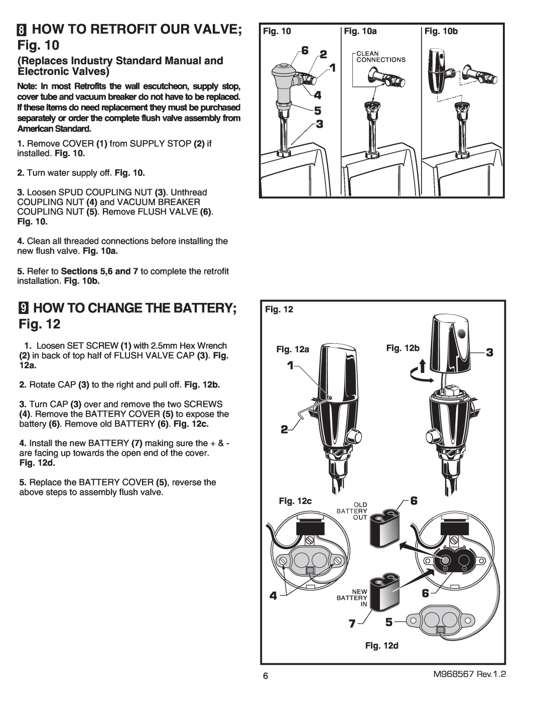 American Standard 6063.101, 6063.505, 6063.051 8HOW TO RETROFIT OUR VALVE Fig, 9HOW TO CHANGE THE BATTERY Fig, 1 4 5 