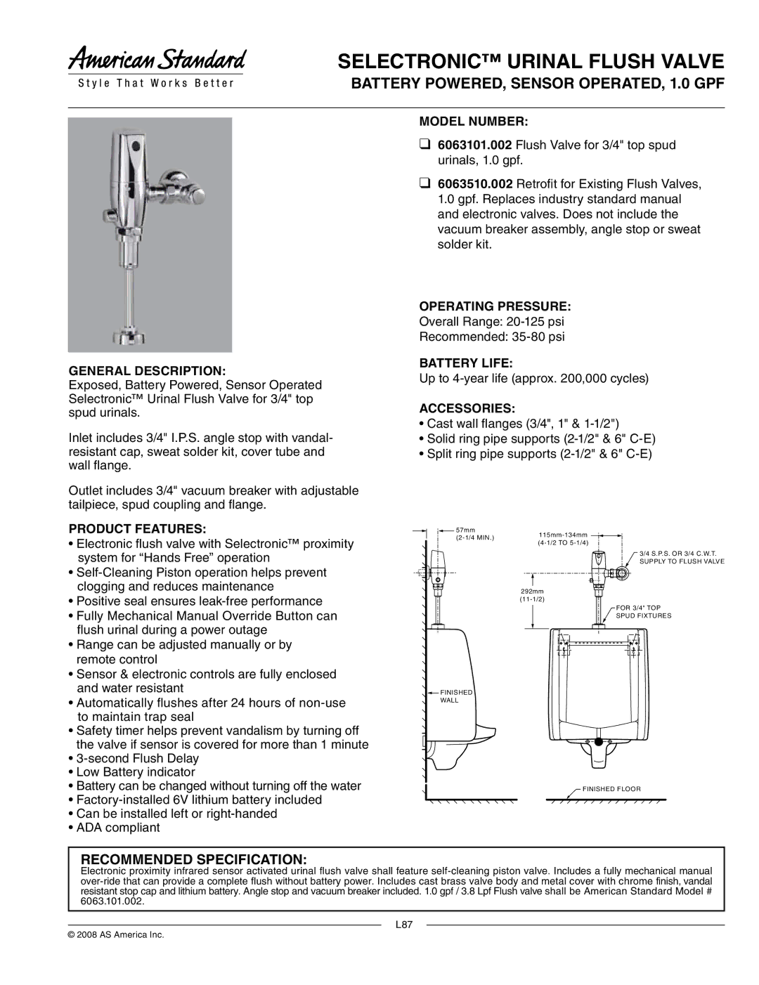 American Standard 6063101.002 manual Selectronic Urinal Flush Valve, Battery POWERED, Sensor OPERATED, 1.0 GPF 