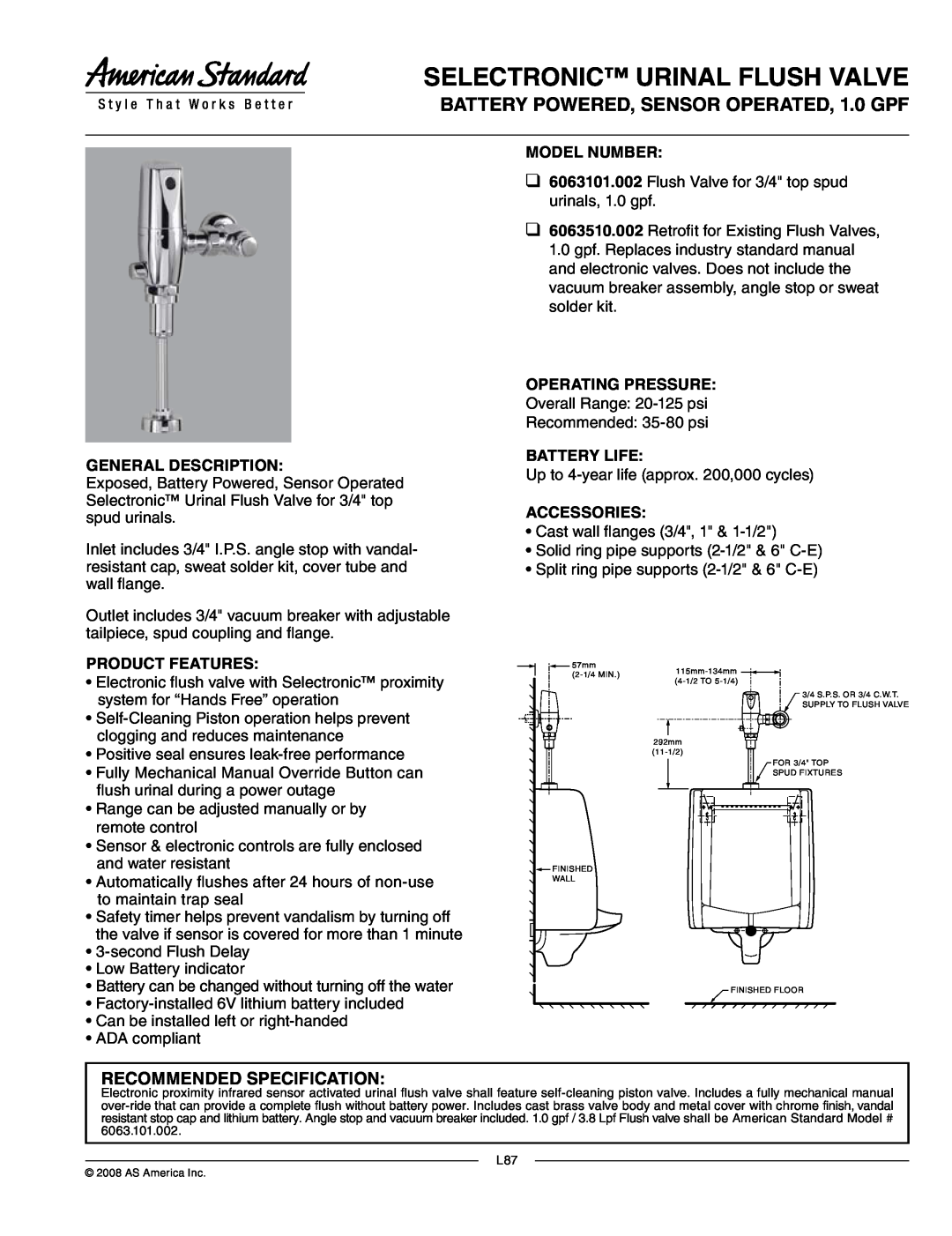 American Standard 6063101.002 manual Selectronic Urinal Flush Valve, BATTERY POWERED, SENSOR OPERATED, 1.0 GPF 