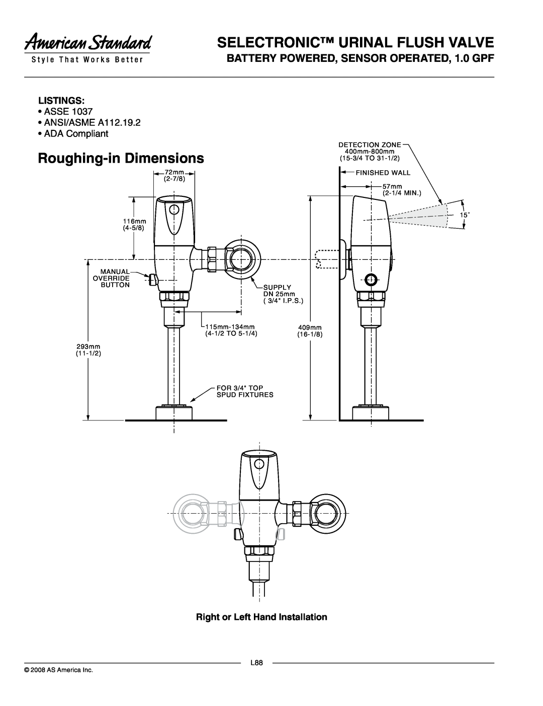 American Standard 6063510.002, 6063101.002 manual Roughing-inDimensions, Selectronic Urinal Flush Valve, Listings 