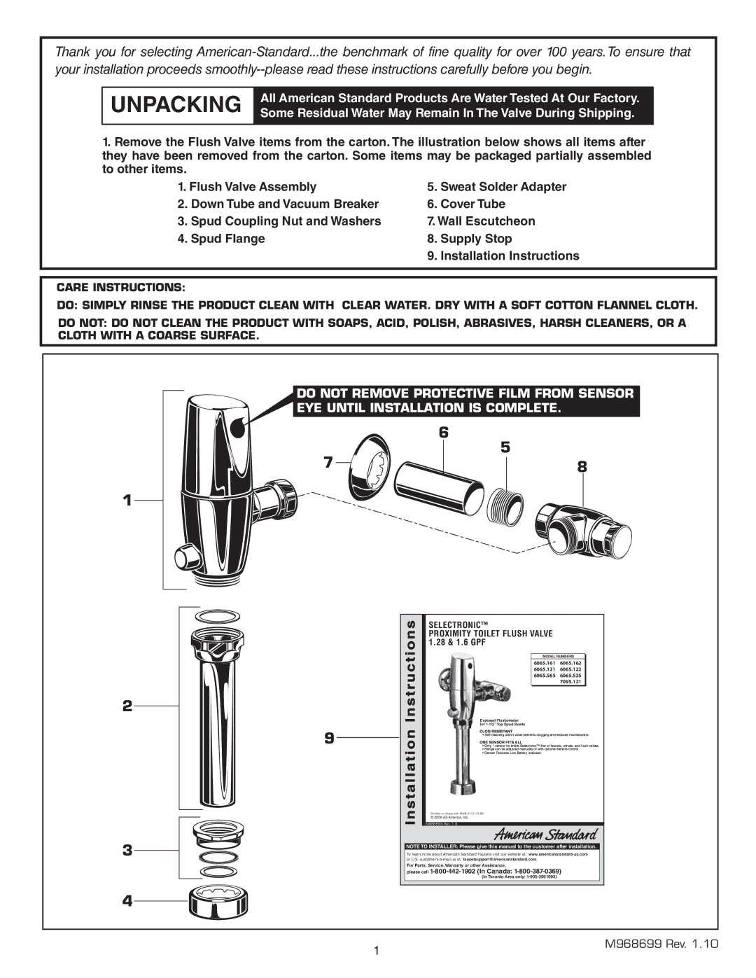 American Standard 6065.121, 6065.161, 6065.565, 6065.122, 6065.162, 6065.525, 7095.121 Instructions, Installation 