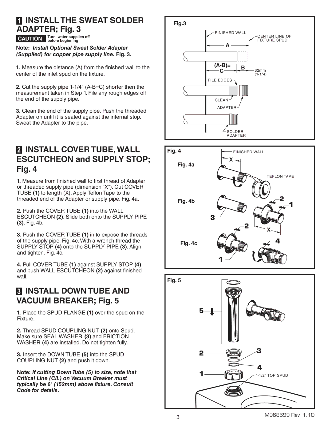 American Standard 6065.162 Install the Sweat Solder Adapter Fig, Install Cover TUBE, Wall Escutcheon and Supply Stop Fig 