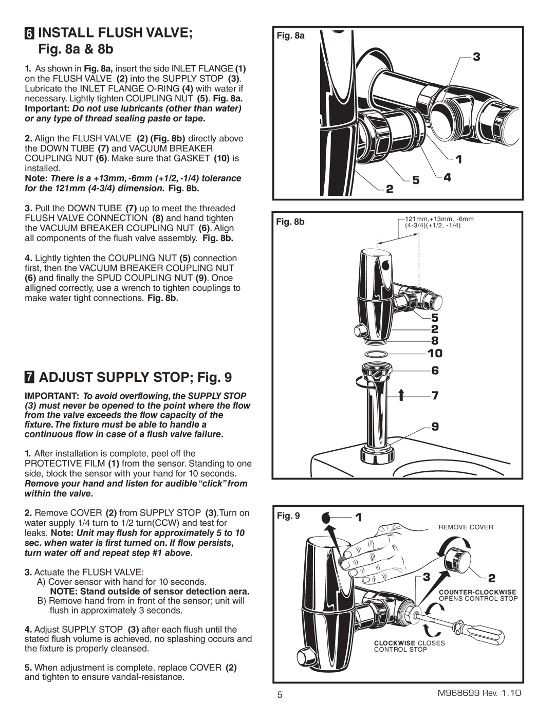 American Standard 7095.121, 6065.161, 6065.565, 6065.121, 6065.122 Install Flush Valve a & 8b, Adjust Supply Stop Fig 