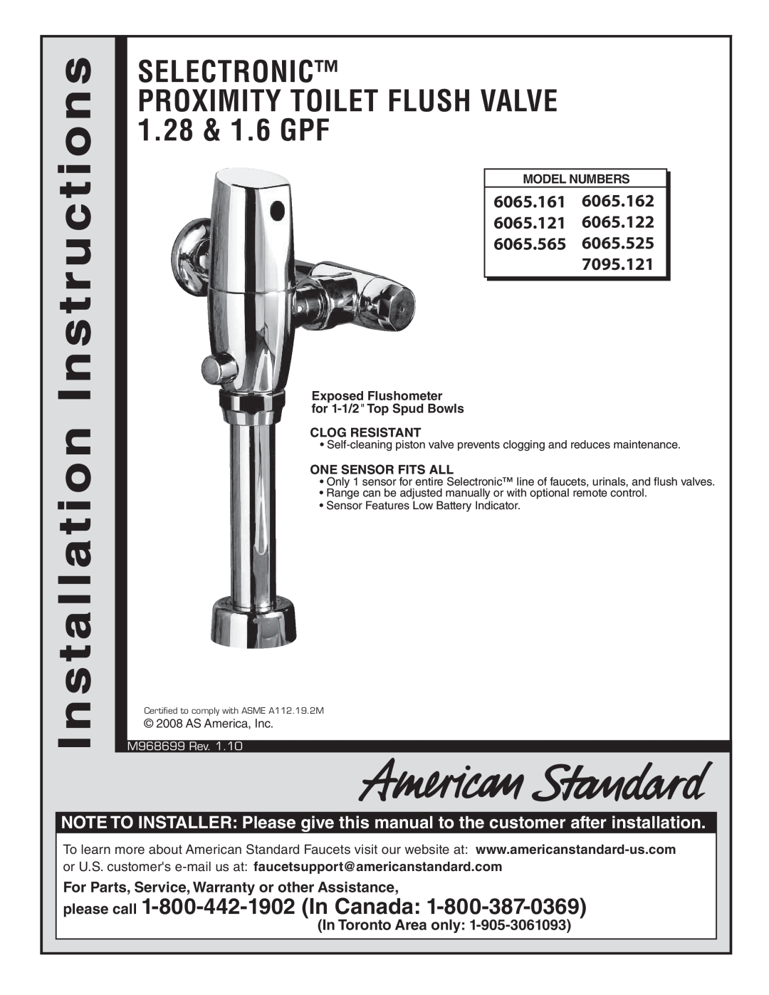 American Standard 6065.565 installation instructions For Parts, Service, Warranty or other Assistance, InTorontoArea onlly 
