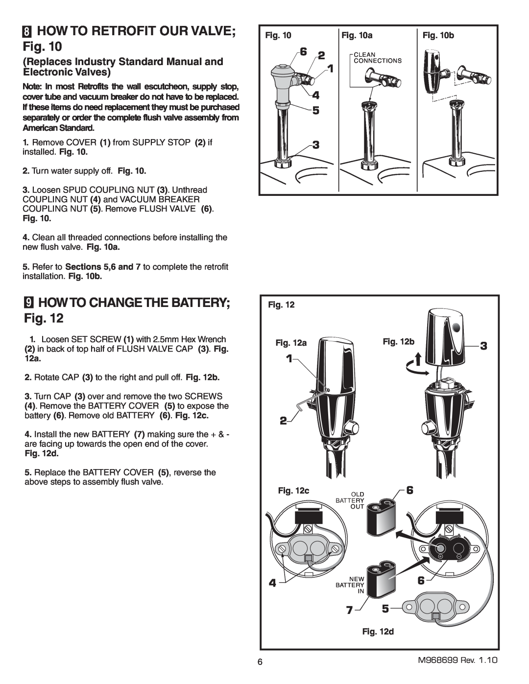 American Standard 6065.161, 6065.565, 6065.121, 6065.122 8HOW TO RETROFIT OUR VALVE Fig, 9HOWTO CHANGETHE BATTERY Fig 