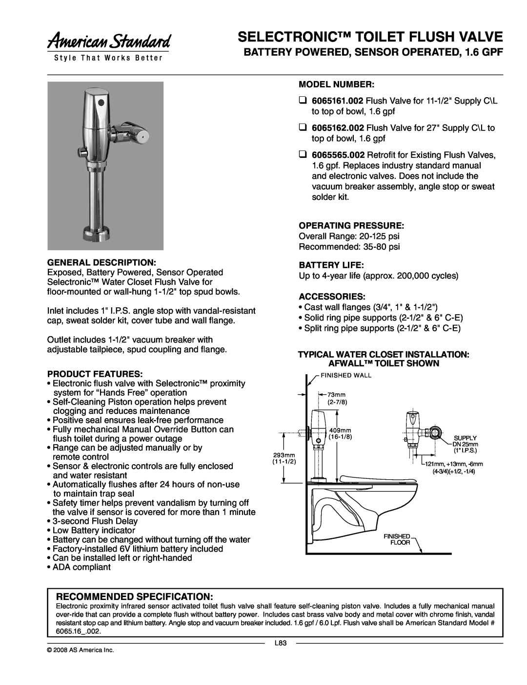 American Standard 6065161.002 manual Selectronic Toilet Flush Valve, Recommended Specification, General Description 