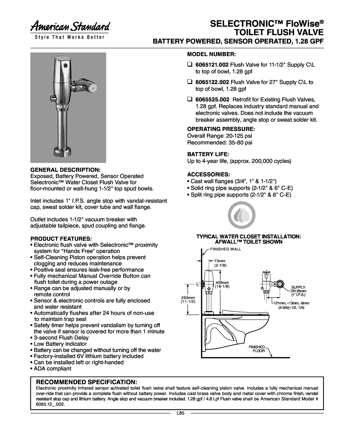 American Standard 6065121.002 manual SELECTRONIC FloWise, Toilet Flush Valve, Recommended Specification, Model Number 