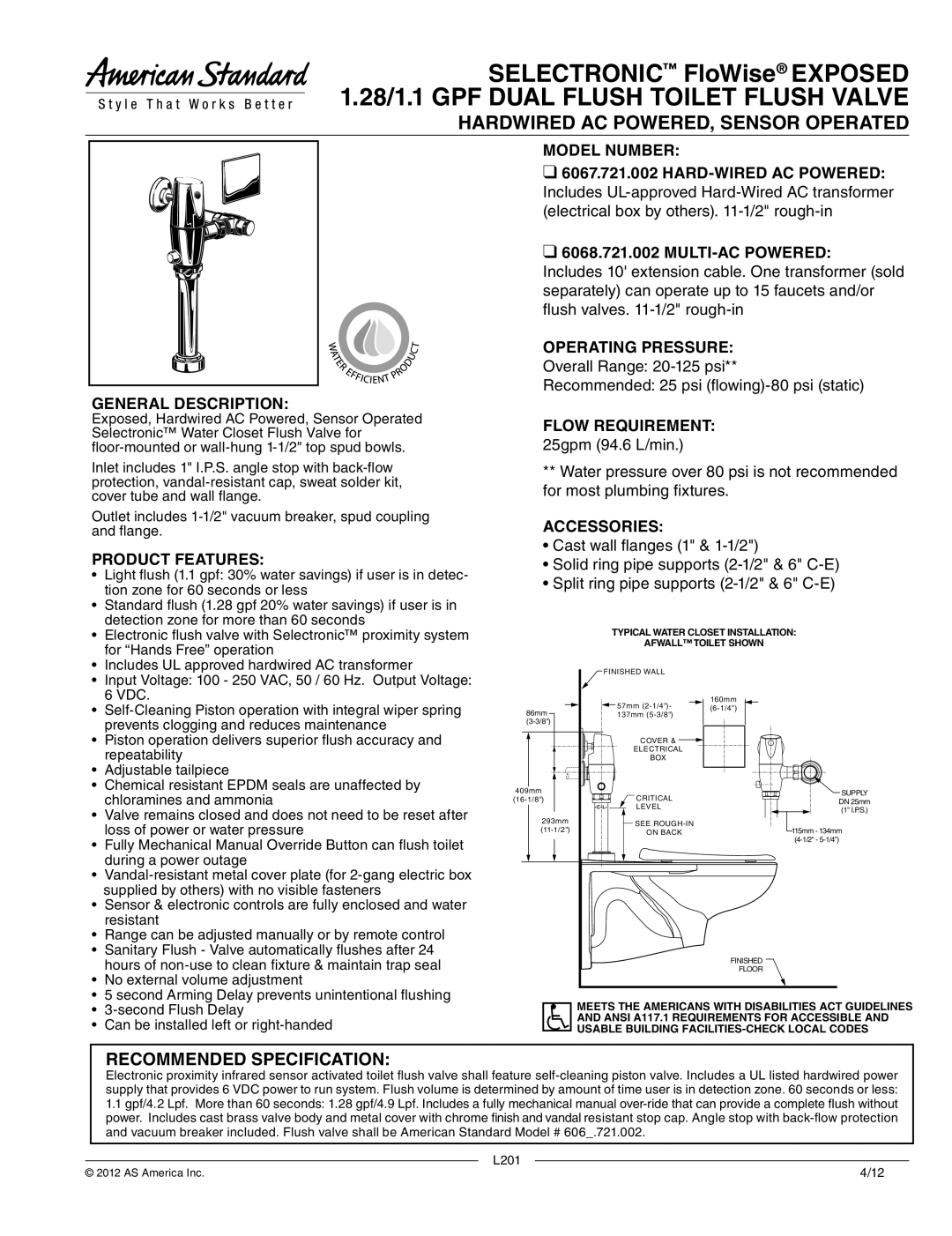 American Standard 6067.121.002 manual Hardwired AC POWERED, Sensor Operated, Recommended Specification 