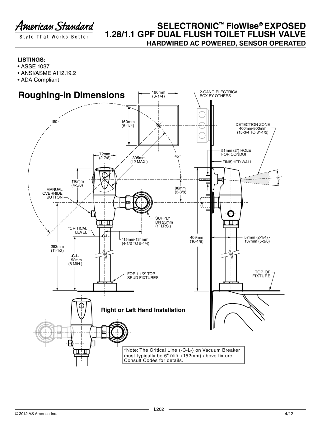 American Standard 6067.121.002 manual Roughing-in Dimensions, Listings 