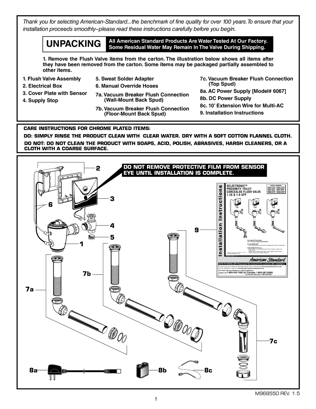 American Standard 6065.26X, 6067.22X, 6065.22X, 6068.26X, 6068.22X, 6067.26X installation instructions Unpacking, Installation 