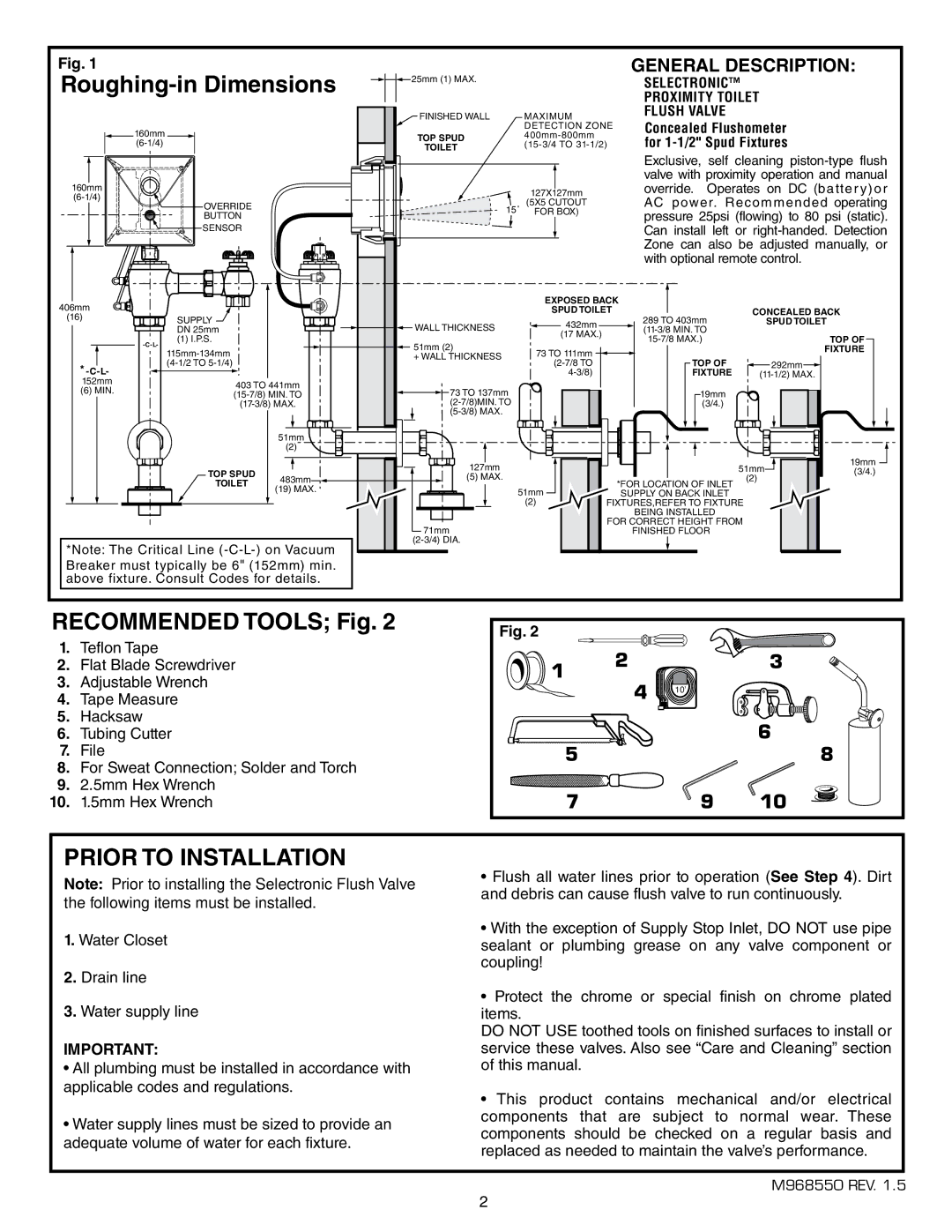 American Standard 6068.26X, 6067.22X, 6065.22X Roughing-in Dimensions, Recommended Tools Fig, Prior to Installation 