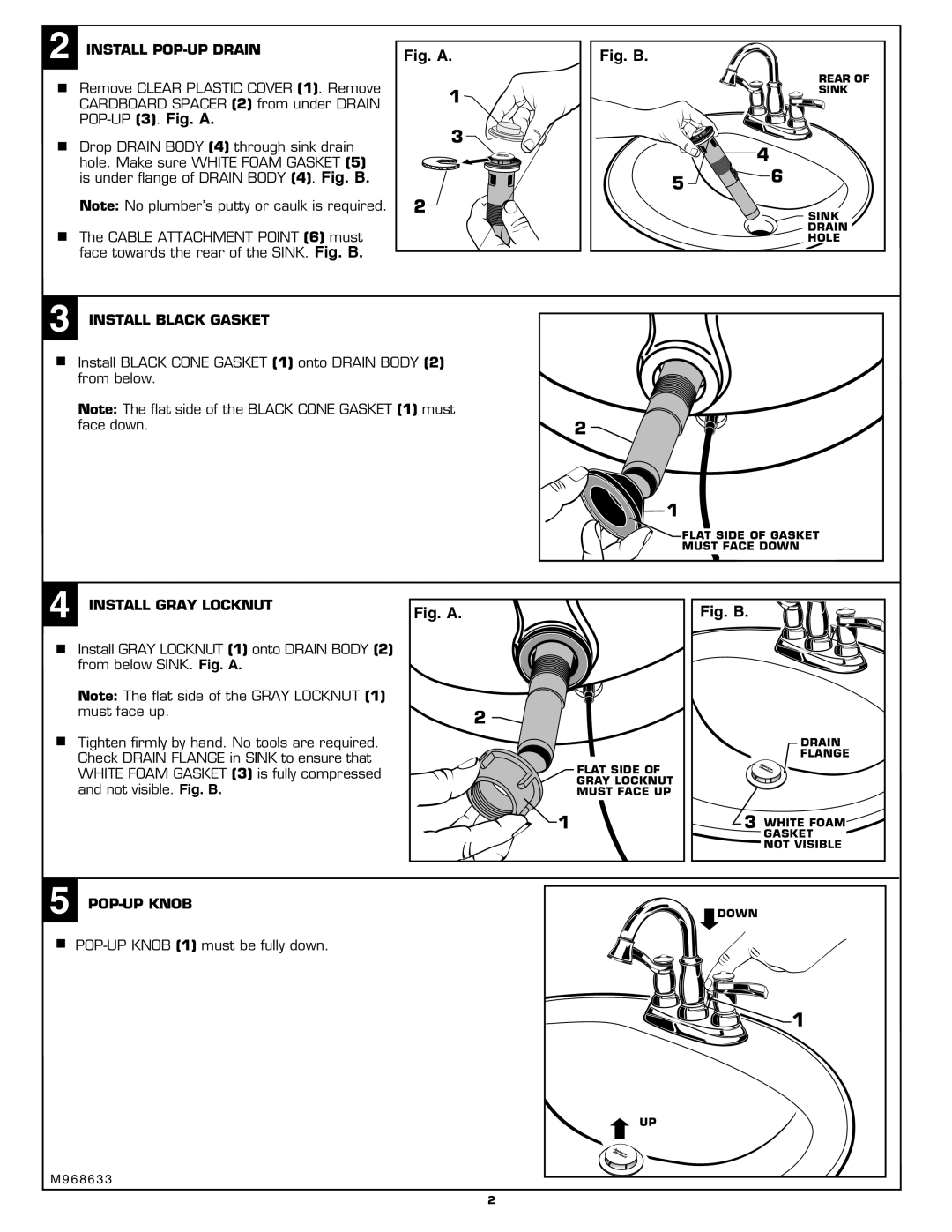 American Standard 6074.XXX Install POP-UP Drain, Install Black Gasket, Install Gray Locknut, POP-UP Knob 