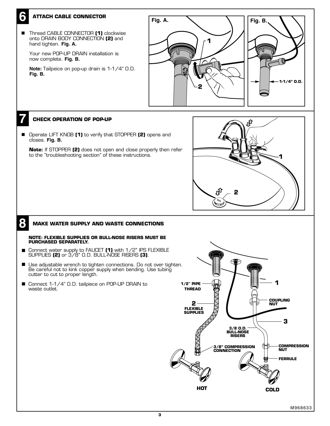 American Standard 6074.XXX Attach Cable Connector, Check Operation of POP-UP, Make Water Supply and Waste Connections 